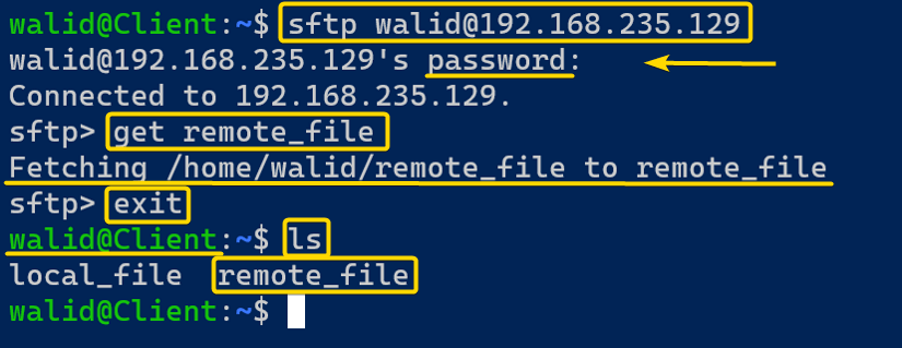 Downloading the remote_file from the server using the sftp command in Linux