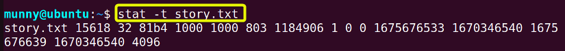 View output of the stat command in terse mode.