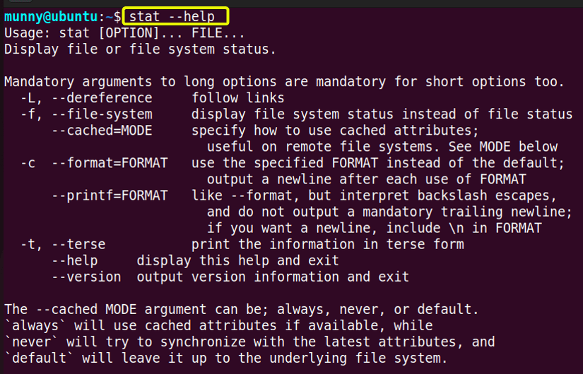 Display the help information for the stat command in linux.