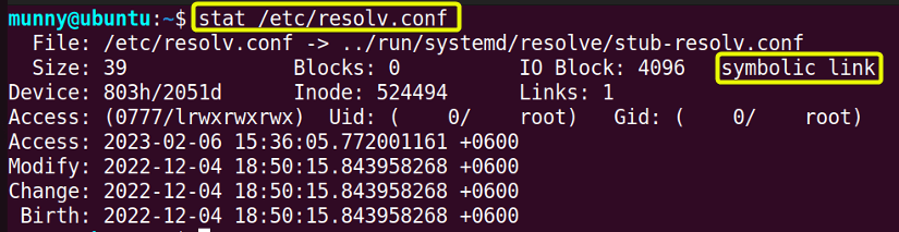 View symlink file status using the stat command in linux.