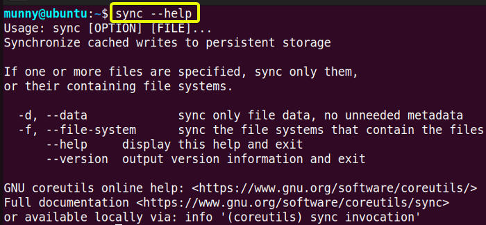 Display help messages of sync command in linux.