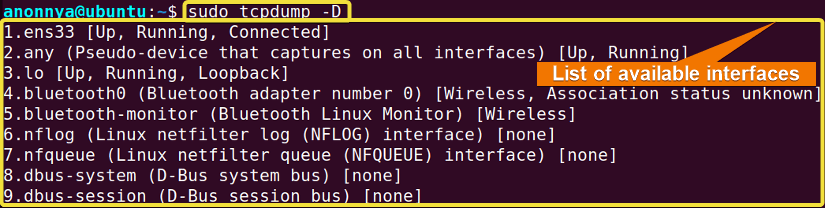 Displaying Available Interfaces Using the tcpdump Command in Linux.