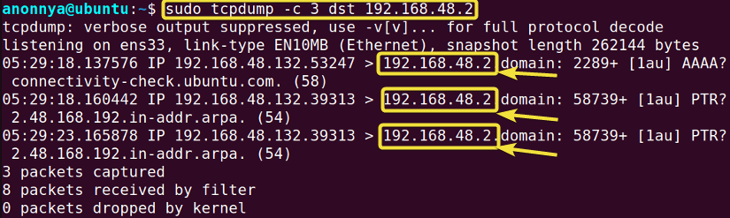 Filtering Packets by Destination IP Address Using the tcpdump Command in Linux.