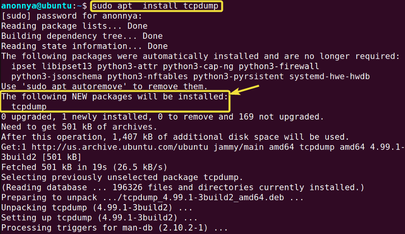 Installing tcpdump command in linux.
