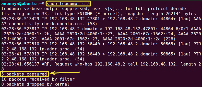Capturing Specified Number of Packets Using the tcpdump Command in Linux.