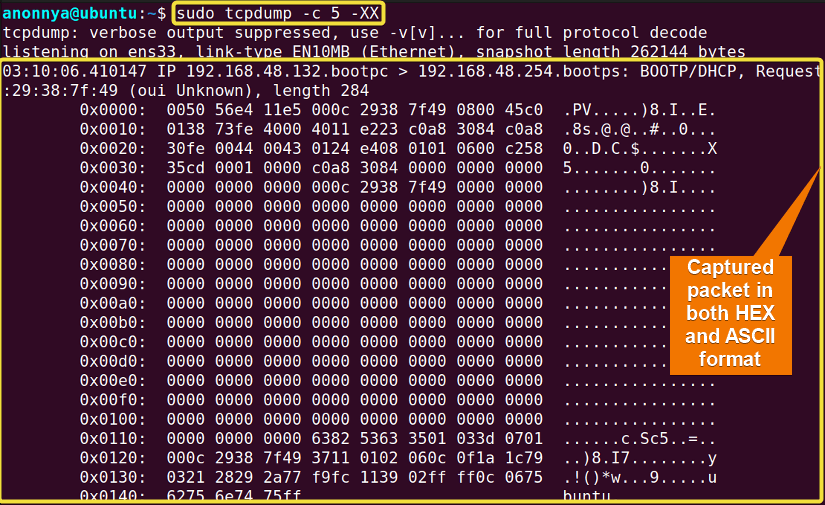 Converting Captured Packets into both HEX and ASCII Format Using the tcpdump Command.