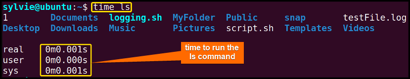 Time Measurement of Running the “ls” Command Using the “time” Command in Linux