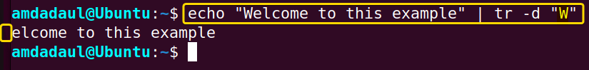 The character “W” has been removed from the word “Welcome” using the tr command in Linux.