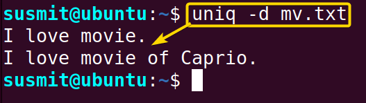 The -d option of the uniq command has printed only the repeated line from the mv.txt file.
