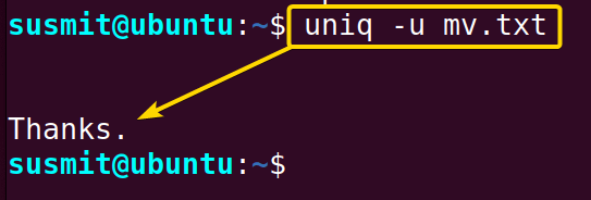 The -u option of the uniq command has printed only the unique line from the mv.txt file.