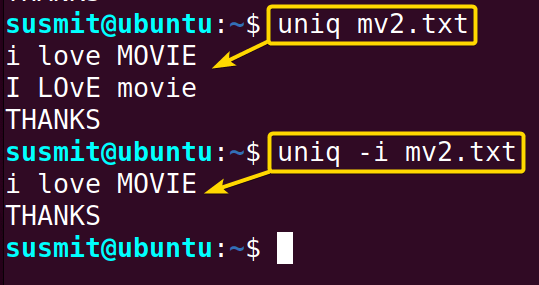 The -i option with the uniq command has only printed the unique lines of the mv2.txt file, making the case-insensitive comparison.