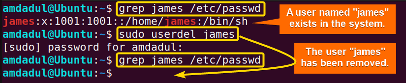 I have removed user james using userdel command in Linux.