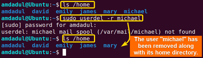 Image showing that, I have removed user michael along with its home directory.