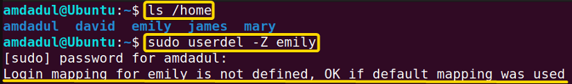 You can see that no login mapping is defined for user “emily”. If it was defined, then the login mapping would have removed.
