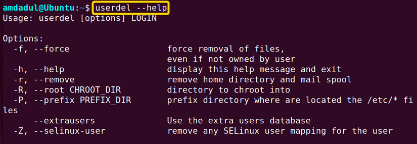 The help page for userdel command in linux.