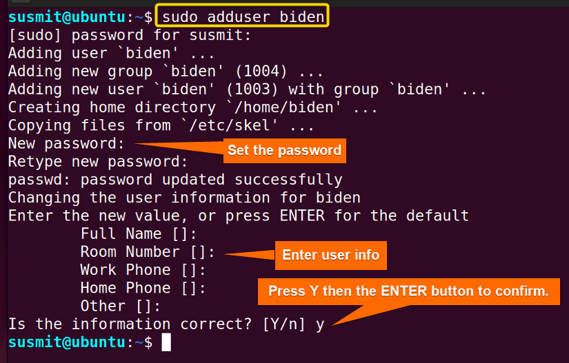 The root access has given me the privilege to create a new user named biden.