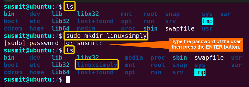 A new directory named linuxsimply is created inside the root directory.