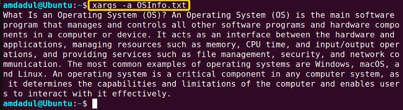 Showing the contents of the OSInfo.txt file using the xargs command in linux.