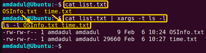 Showing the command that is executed due to running the xargs command.