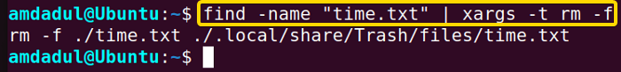 The file named time.txt has been removed after finding it using the xargs command in linux.