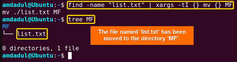 Showing that I have moved the file named tlist.txt to the directory MF after finding it.