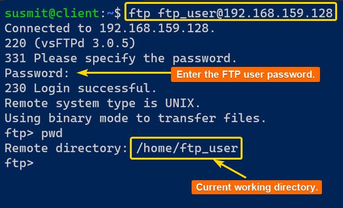 Accessing the FTP server through the ftp_user user.