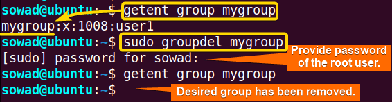 Deleting a group in Ubuntu using the groupdel command.