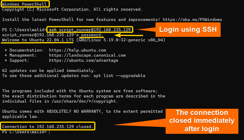 Accessing server using SSH to verify "ubuntu create a user that runs a script and logs out"