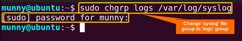 Change group of the log file using chgrp command in Linux.