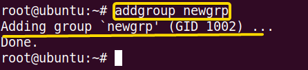 I am adding a new group named "newgrp" in Ubuntu using the addgroup command.