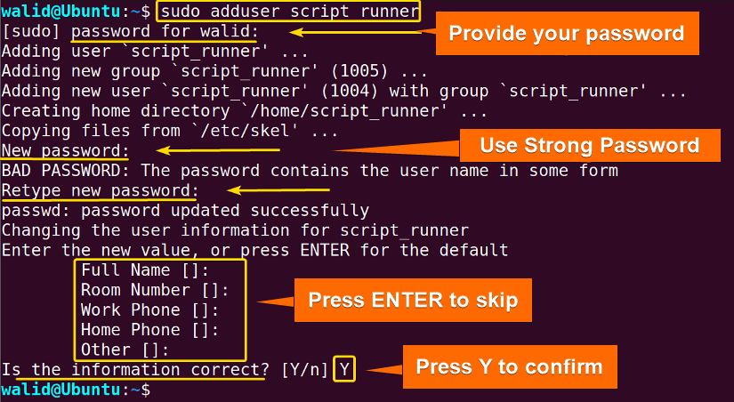 Create a user in Ubuntu from Terminal that runs a script and logs out