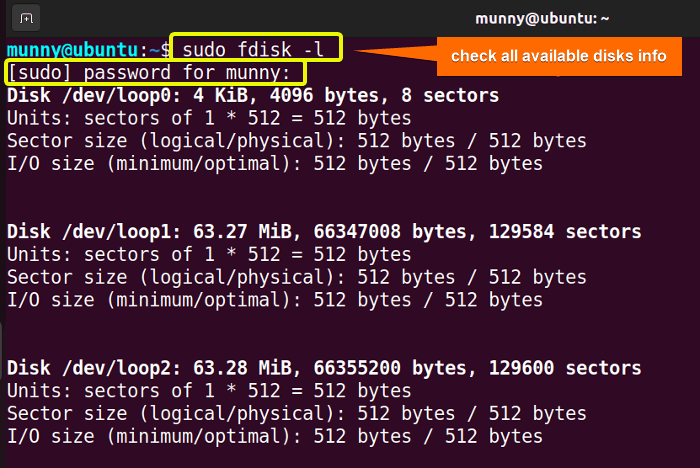 View all system disks list using the fdisk command in ubuntu.
