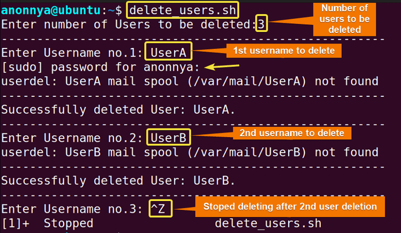 Executing script for deleting multiple users in linux.