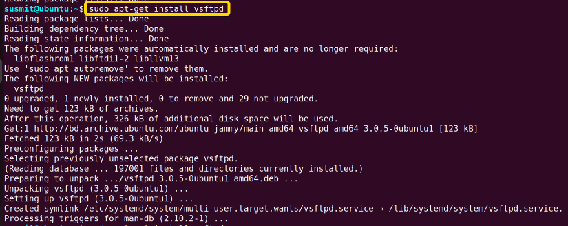Installing the vsftpd package.