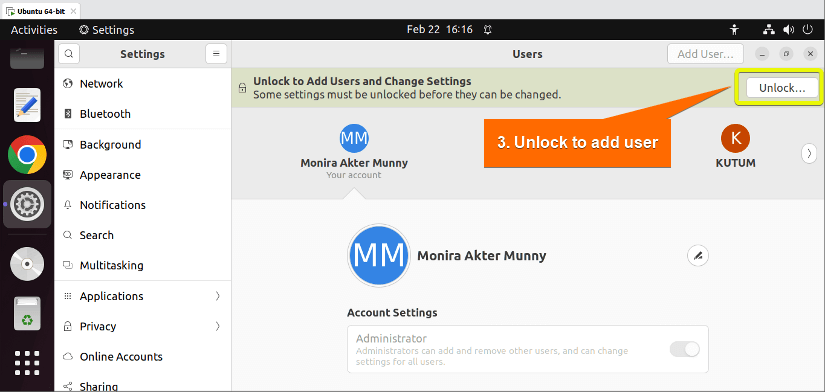 Unlock to add a new user in ubuntu.
