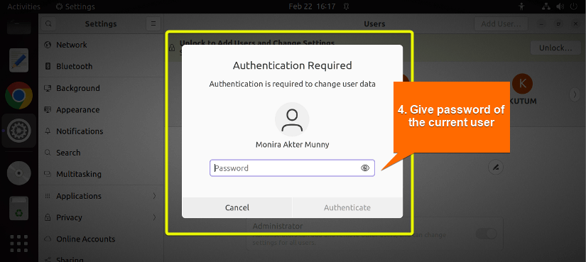 Authenticate by providing current user password.