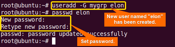 I am creating a new user with the useradd command in Ubuntu and adding it to the newly created group.
