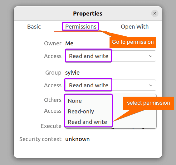 give read and write permissions to the files in Ubuntu