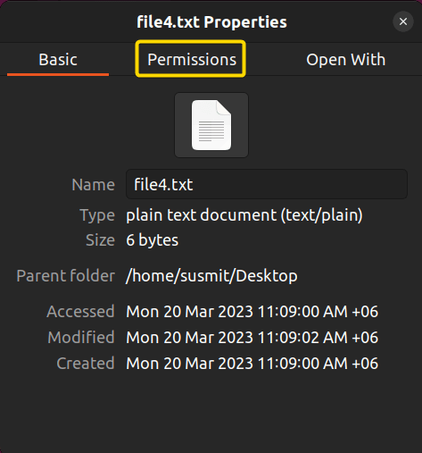The properties window of file4.txt appeared after clicking on the properties option.