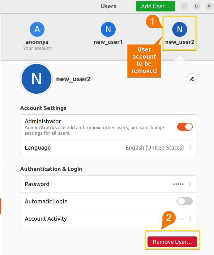 Removing desired user account from ubuntu through GUI.