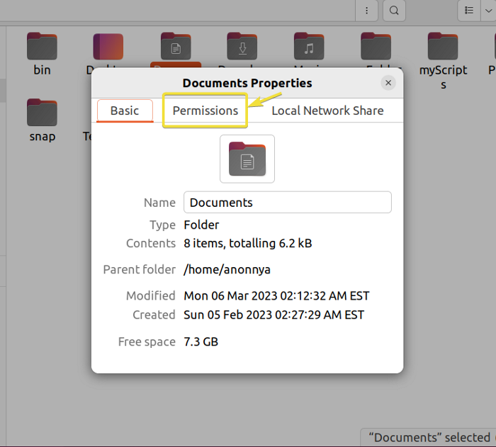 Moving to the permissions section of the folder from GUI.