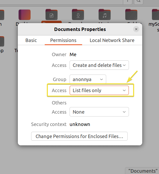 Selecting group permissions of the folder to change.