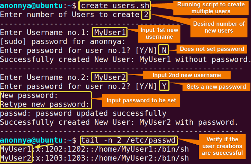 Creating multiple users with bash script in linux.