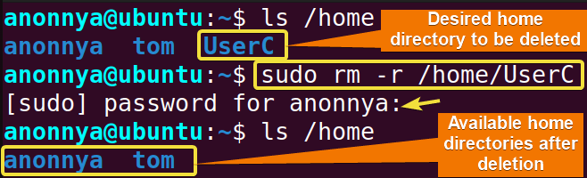 Deleting user's home directory with rm command in Linux.