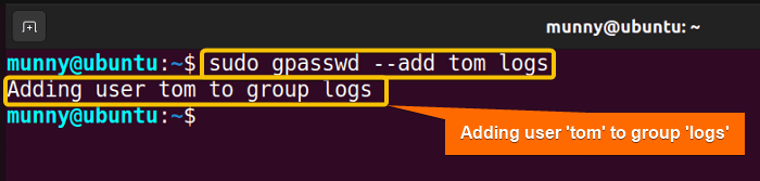 Add a user to a group using the gpasswd command.