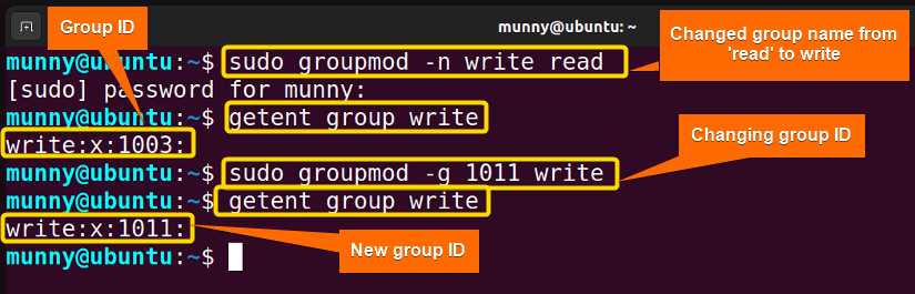 Change groups ID & name using the groupmod command.