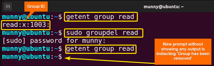 delete a group using the groupdel command in Linux.