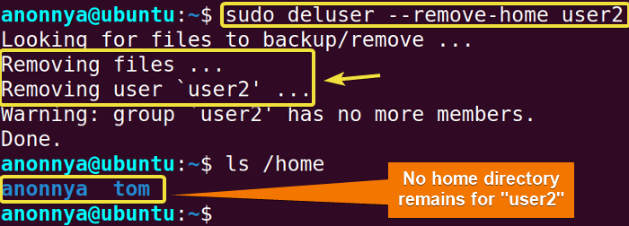 Deleting user and files with a single command.