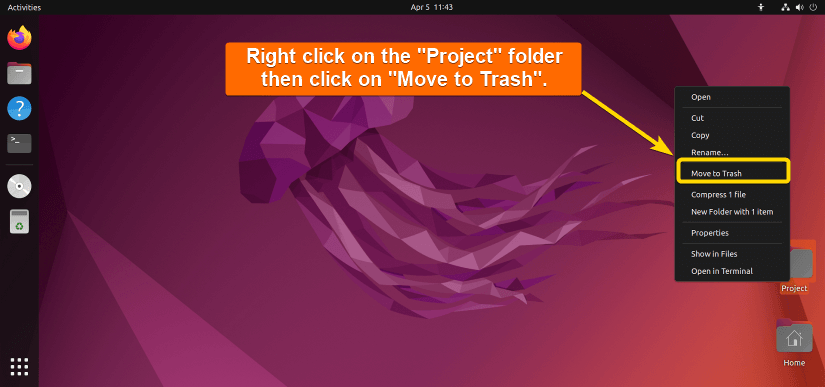 Right-click on the Project folder then click on "move to trash".