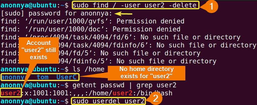 Deleting user and files with two commands.